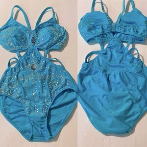 Glamour solo dance costume custom rhinestone embellished aqua blue leotard SA